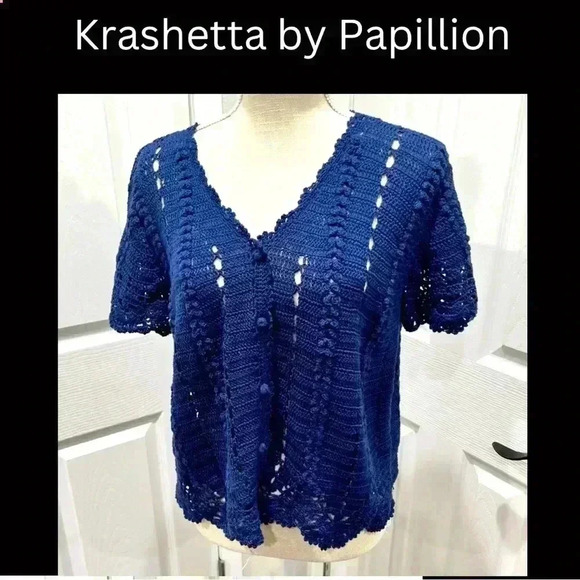 Vintage Kroshetta by papillon crochet button front sweater in dark blue❤️ - Picture 1 of 9